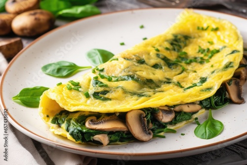 omelet filled with mushrooms and spinach on a plate