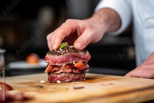 hand assembling a beef burger with bacon