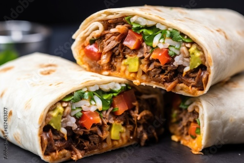 close-up of burrito cut into slices showcasing layers