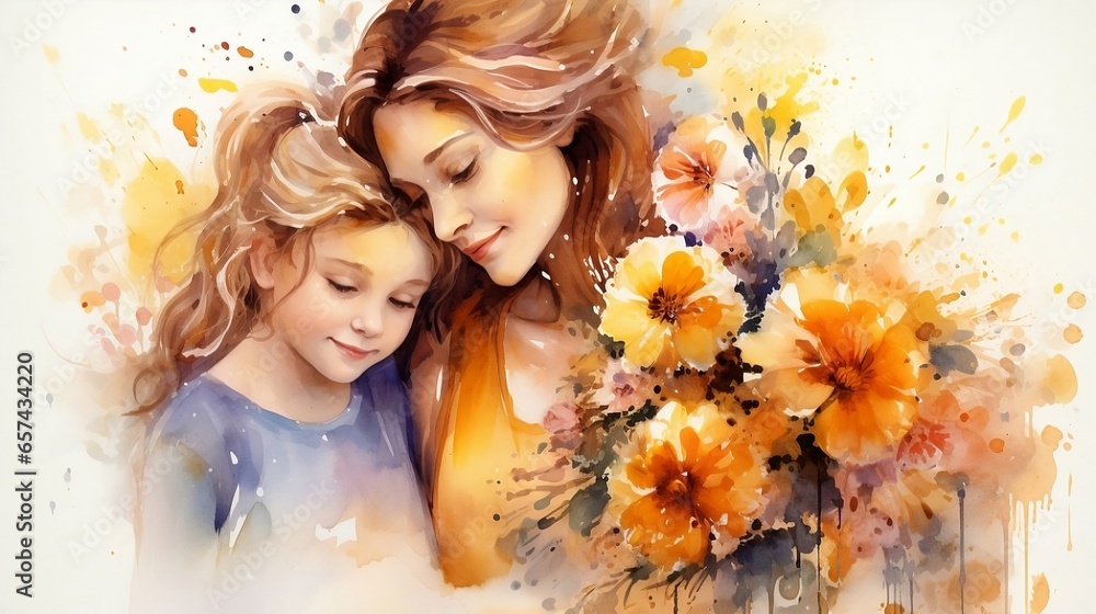 Mothers Day card with cute watercolor illustration of mother with daugther with flowers. Mother's day postcard.