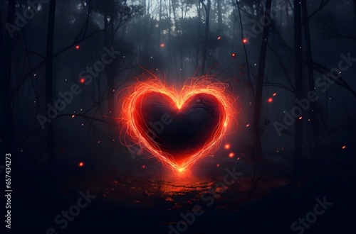 a bright red neon heart glowing in the black