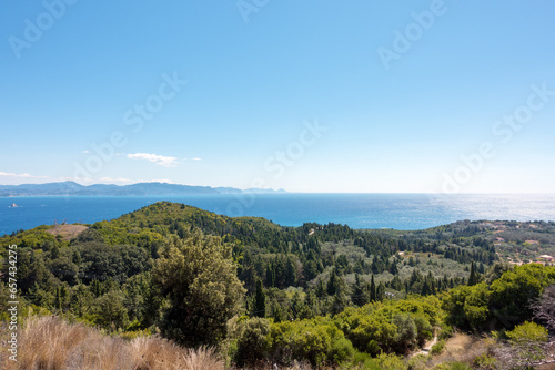 Stunning view down to the sea and the surrounding area from top of the mountain in Mathraki island, Greece