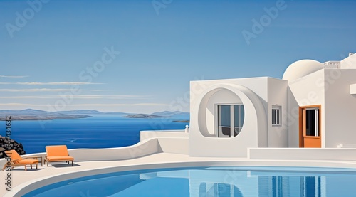 a white house with a pool in the background  greek art  and architecture  minimalist abstracts  rounded forms  serene oceanic vistas  organic architecture