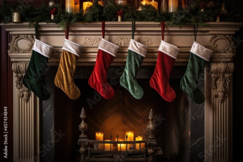christmas stockings hanging on an empty fireplace mantle