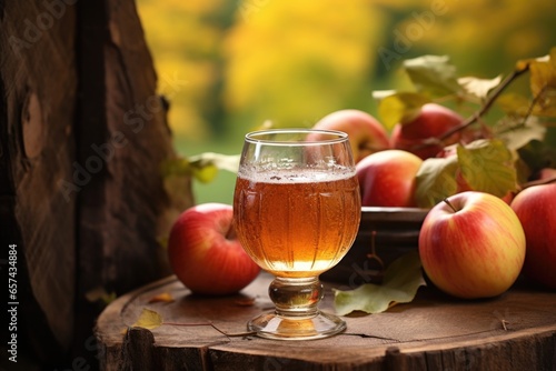 close-up of a cider glass with a rustic setup outdoors