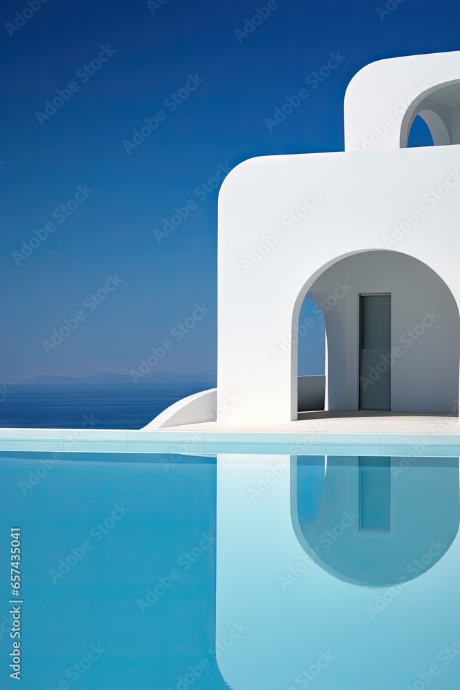 a white house with a pool in the background, greek art, and architecture, minimalist abstracts, rounded forms, serene oceanic vistas, organic architecture