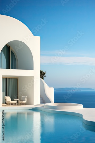 a white house with a pool in the background, greek art, and architecture, minimalist abstracts, rounded forms, serene oceanic vistas, organic architecture