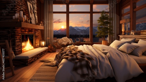 cozy bedroom with a cabin-inspired decor theme, complete with a fireplace