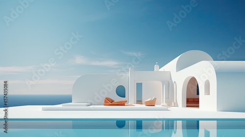 a white house with a pool in the background, greek art, and architecture, minimalist abstracts, rounded forms, serene oceanic vistas, organic architecture