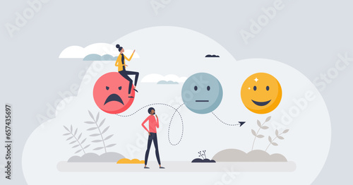 Evolving emotions and psychological feeling development tiny person concept. Find mental solution with therapy and support vector illustration. Personal skill to control your anger and mindset.