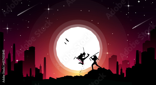 Samurai with full moon wallpaper. samurai duel wallpaper. samurai fight. duel. japanese theme background. swordsman duel. two swordsmen fighting. 