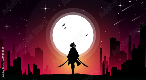 samurai background. Japanese cyberpunk samurai. landscape fantasy wallpaper. urban samurai girl illustration.
