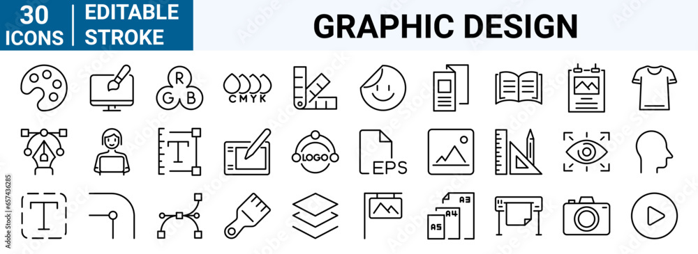 set of 30 line web icons graphic design. development. creative process. Editable stroke. Vector illustration set of 30 line web icons graphic design. development. creative process. Editable stroke. Vector illustration