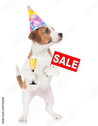 Funny Jack russell terrier puppy wearing party cap holds glass of champagne and gift box and looks away on empty space. isolated on white background © Ermolaev Alexandr