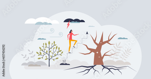 Steady growth to reach top in adverse times with challenges tiny person concept. Personal and professional development or growth with clear vision, persistence and empowerment vector illustration.