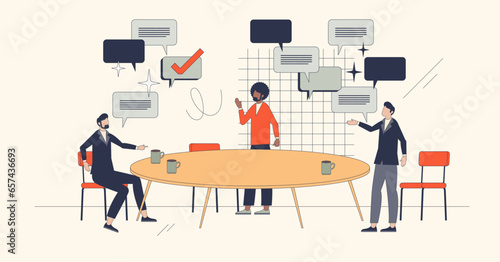 Collaborative brainstorming and business briefing retro tiny person concept. Meeting with efficient company strategy planning vector illustration. Communication with discussion and various opinions.