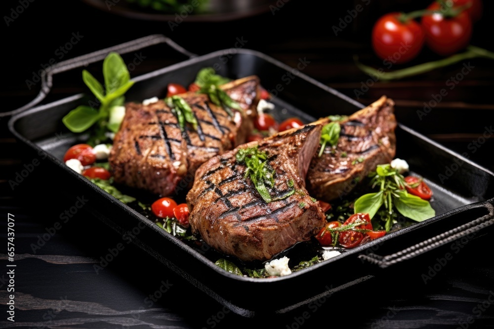 grilled lamb chops on a black serving dish