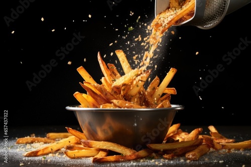 fries being tossed in the air from a bowl