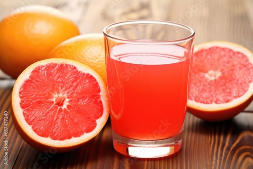 close-up of grapefruit halves next to a glass of juice