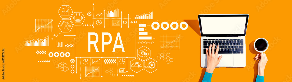 Robotic Process Automation RPA theme with person using a laptop computer Robotic Process Automation RPA theme with person using a laptop computer