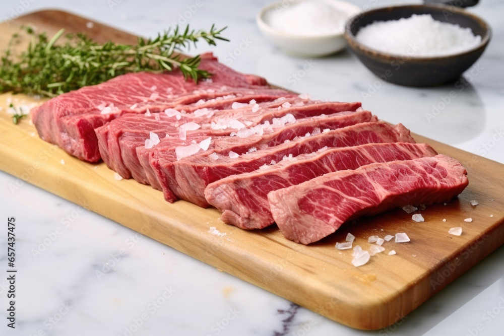 sliced medium-rare steak on a marble slab sliced medium-rare steak on a marble slab