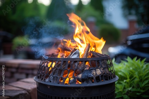 outdoor shot of charcoals ablaze in a chimney starter