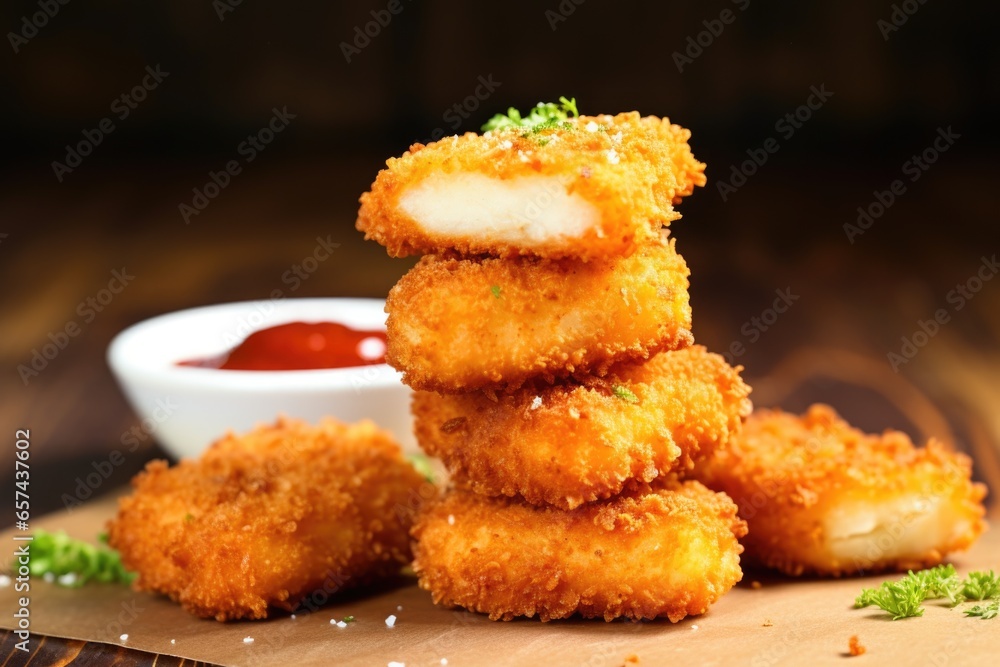 a vertical stack of chicken nuggets