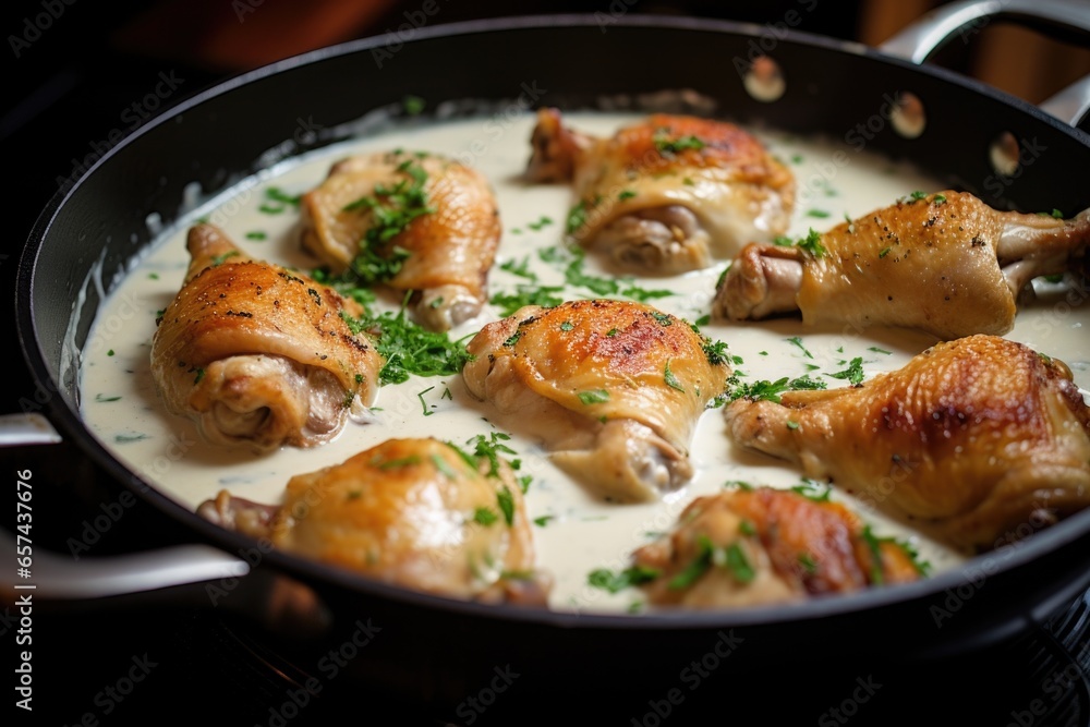 chicken thighs simmering in a pan of white sauce chicken thighs simmering in a pan of white sauce