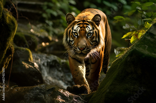 portrait of a tiger, Ussuri tiger in the wild, A Sumatran tiger basking in the rays at sunrise © saeed