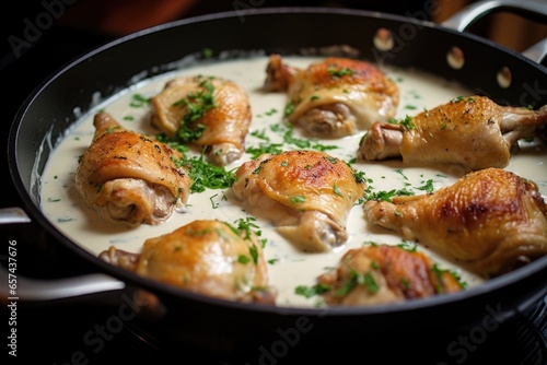 chicken thighs simmering in a pan of white sauce