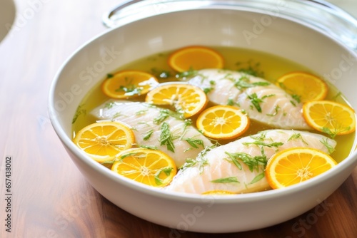 white fish soaking in a citrus marinade in a shallow bowl