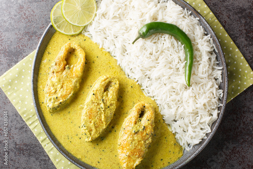 Portion of the popular Hilsa or Ilish fish stewed in mustard sauce with a side dish of white rice close-up in a plate on the table. horizontal top view from above photo