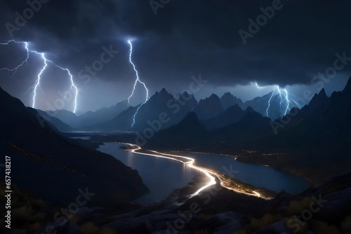 A photorealistic 3D rendering of a dark mountain scene with a single, massive lightning bolt streaking across the sky.