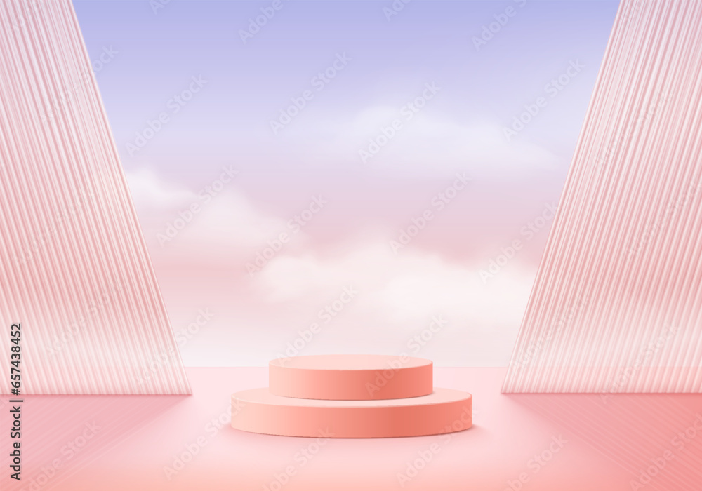 Background vector 3d pink rendering with podium and minimal cloud scene ...