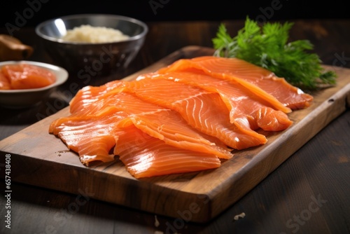 smoked salmon slices arranged on wooden board photo