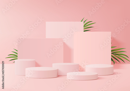 3d background products display podium scene with green leaf geometric platform. background vector 3d render with podium. stand to show cosmetic products. Stage showcase on pedestal display pink studio