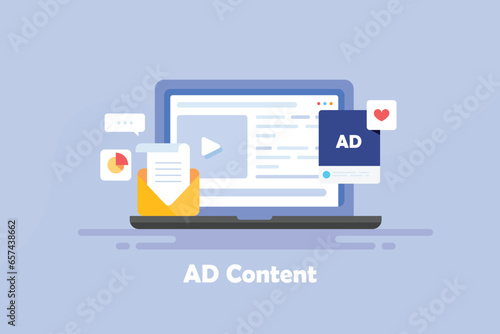 Display advertising campaign, sponsored video content e-business marketing, email communication and analytics conceptual vector illustration web banner.