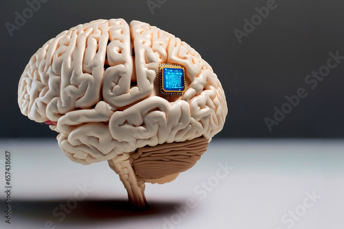 A 3D brain with a small microchip implanted. Brain chip, space for text.