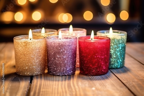 close-up of glittered candles on wooden surface