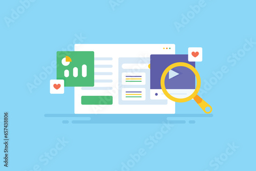 Web analytics interface with data and information, SEO ranking, social media video content, online visitors sources digital marketing technology vector illustration concept.