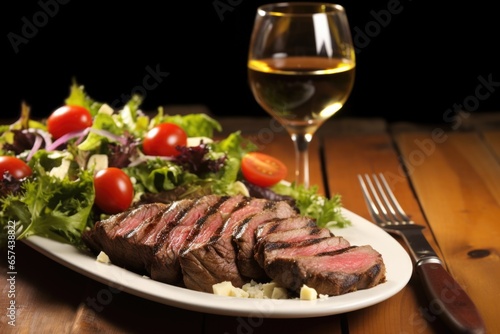 fresh grilled sirloin steak next to a gourmet salad