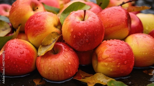 Ripe red-yellow apples lying on autumn leaves.