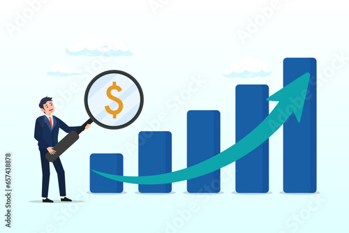 Businessman with magnifying glass on dollar money sign with growth graph and chart, revenue or salary increase, growth investment profit or earning from stock market, money or wages growing (Vector)