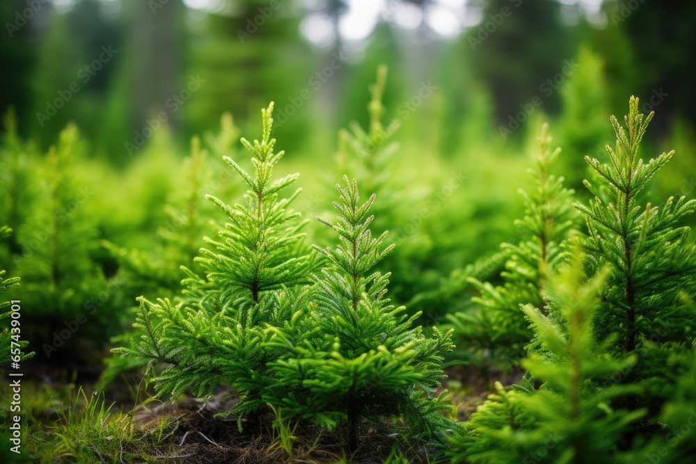 Young tree seedling in the wood in the morning light.