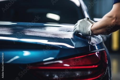 Worker cleaning car with microfiber cloth.