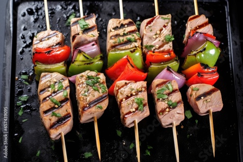 overhead view of grilled tuna steaks on a skewer