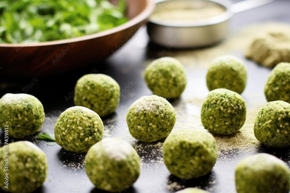 Fototapeta premium a falafel mixture being rolled into ball shapes
