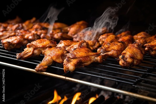 honey-dripping bbq chicken wings on a stainless steel grill