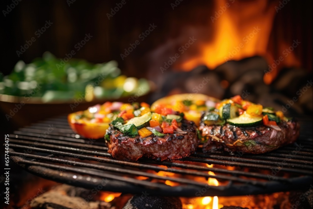 burger with vegetable topping placed on warm grill
