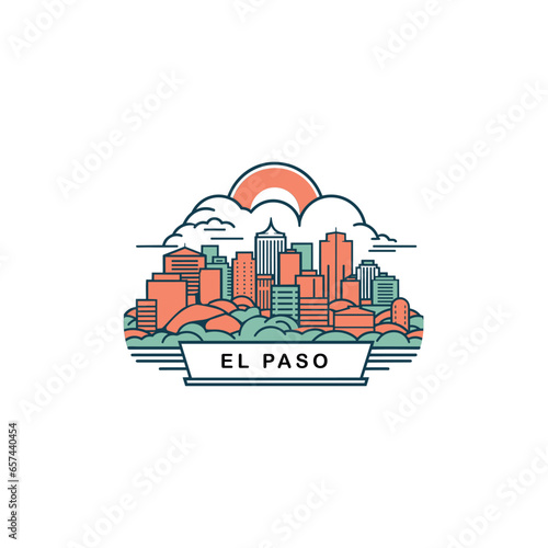El Paso US Texas cityscape skyline city panorama vector flat modern logo icon. USA, state of America emblem idea with landmarks and building silhouettes. Isolated thin line graphic